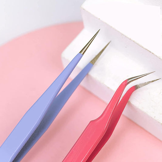Precision Craft & Beauty Tweezer Set featuring pink and blue precision tweezers on a white surface.