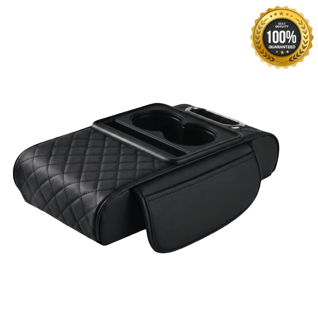 Multifunctional PU Leather Car Armrest Box Mat with cup holder in sleek black design.