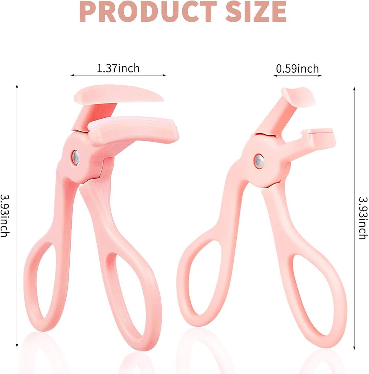 Classic Eyelash Curler with Silicone Pads dimensions showing size and ergonomic handle design in pink.