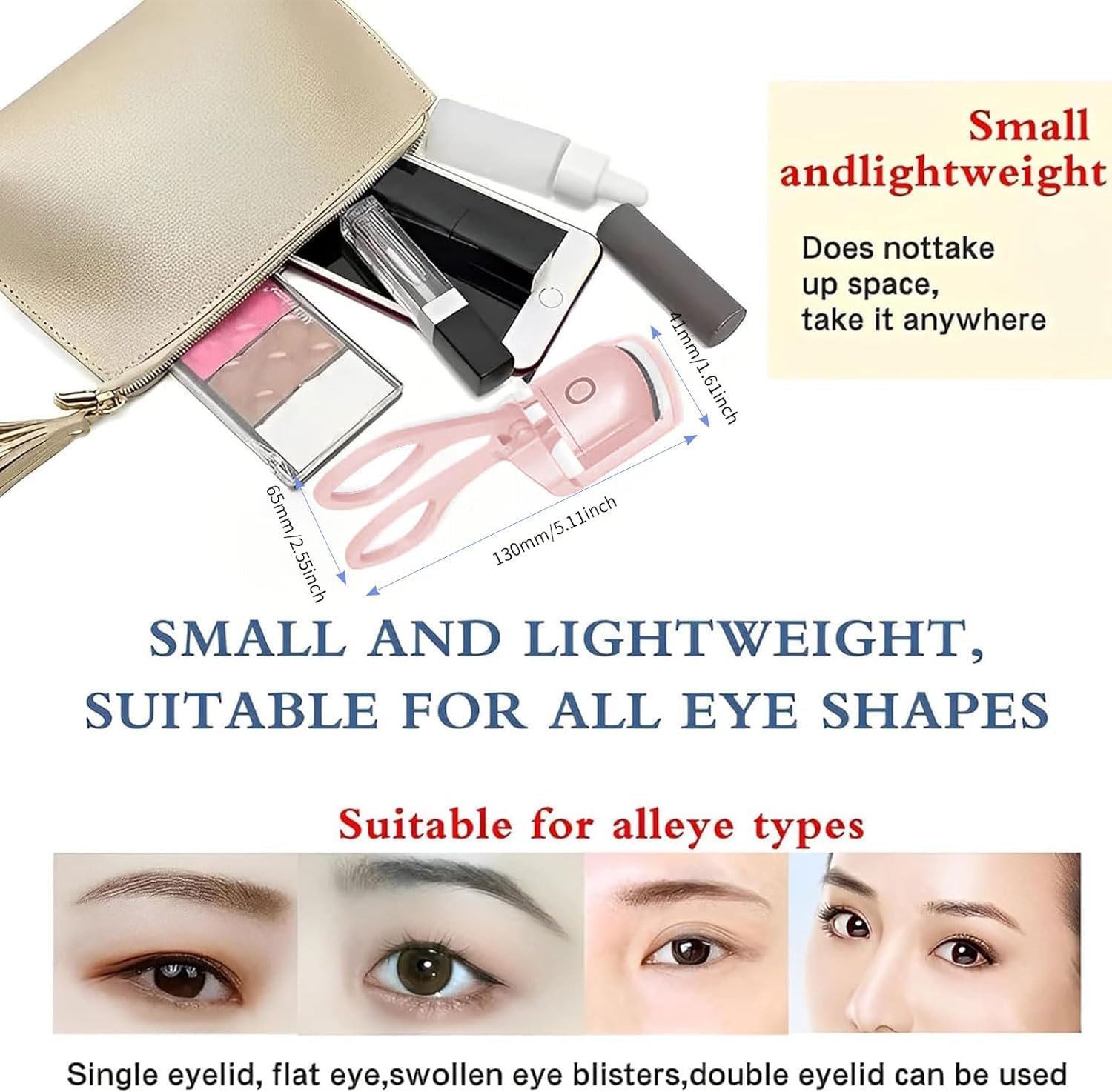 Heated Eyelash Curler shown with makeup essentials, small and lightweight for all eye shapes.