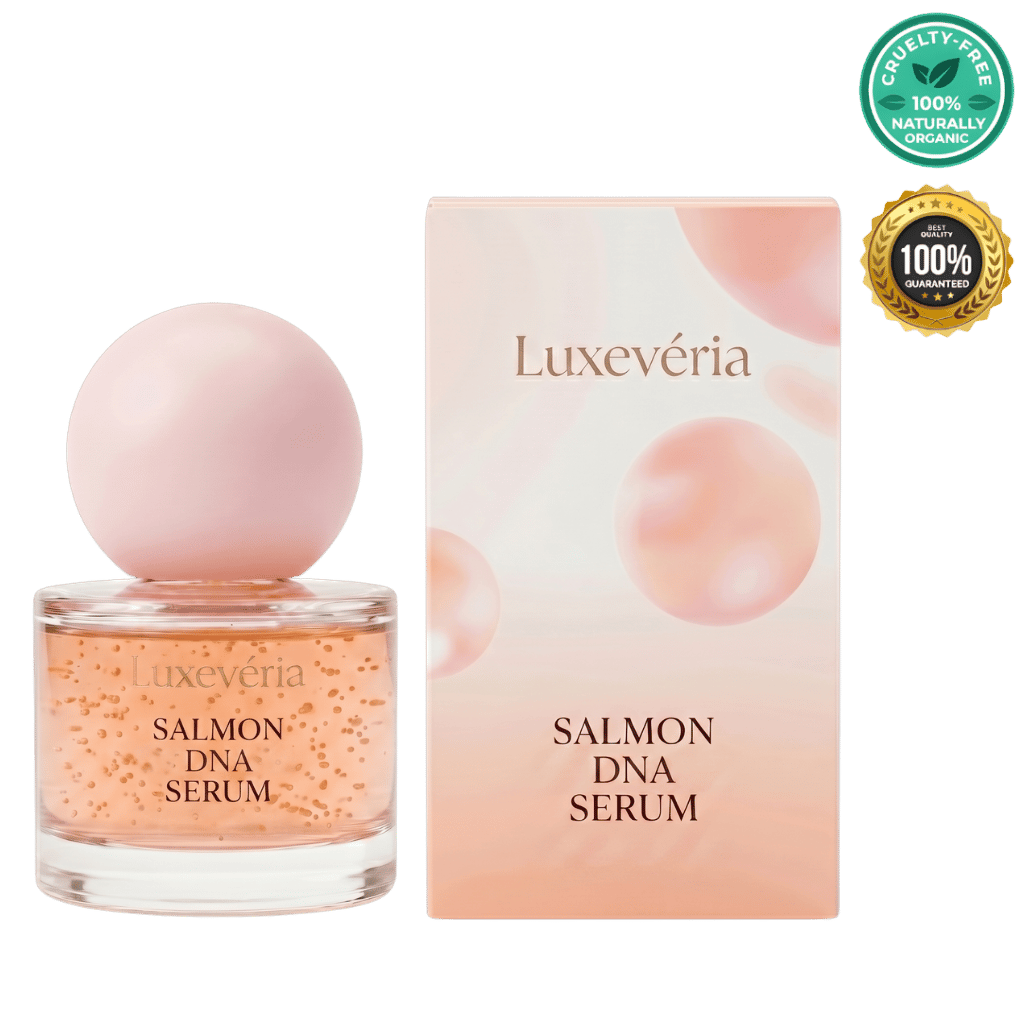 Salmon DNA Serum in a glass bottle with a pink cap, alongside its packaging, promoting soft and moisturized skin.