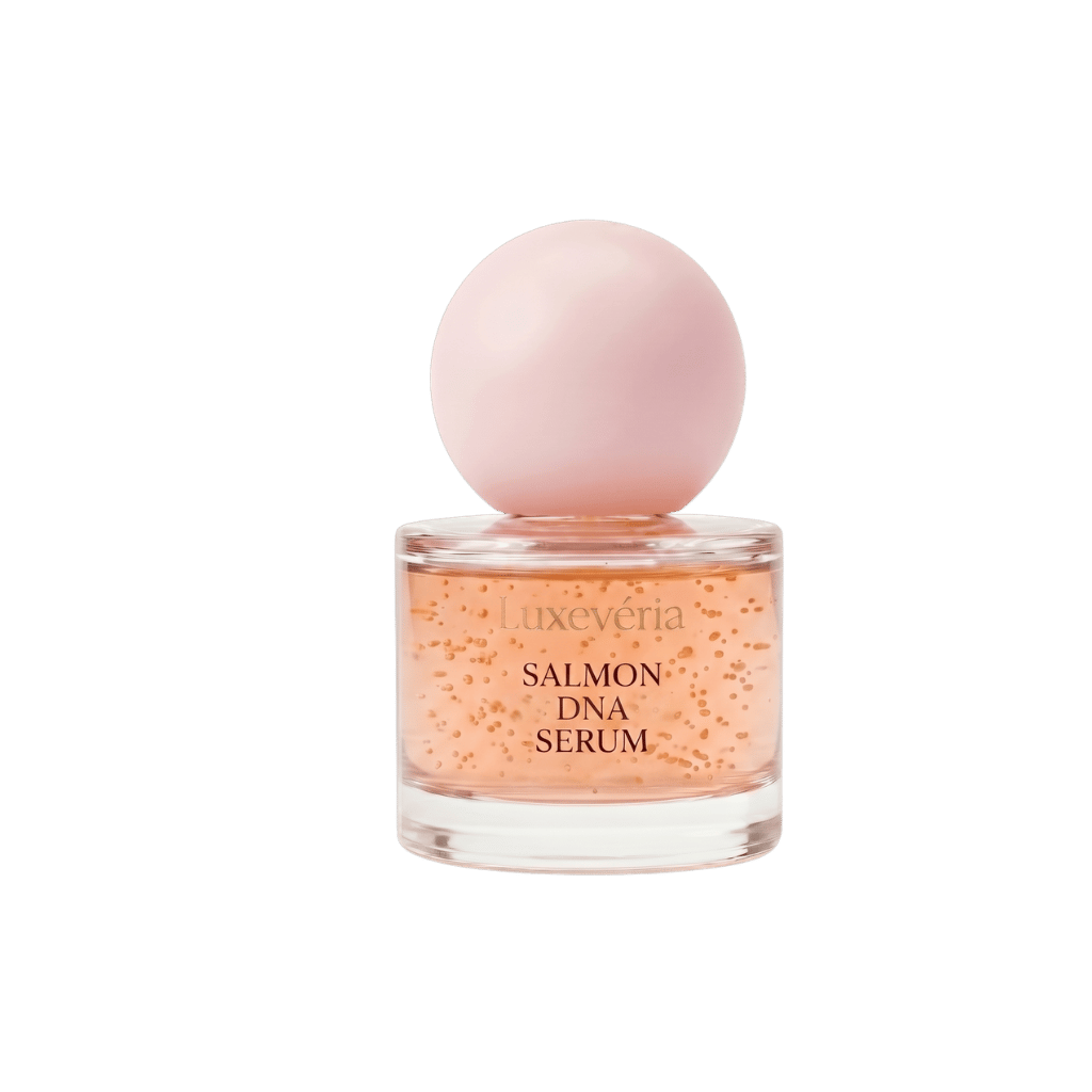 Salmon DNA Serum in a glass bottle with pink cap, designed for soft and moisturized skin.
