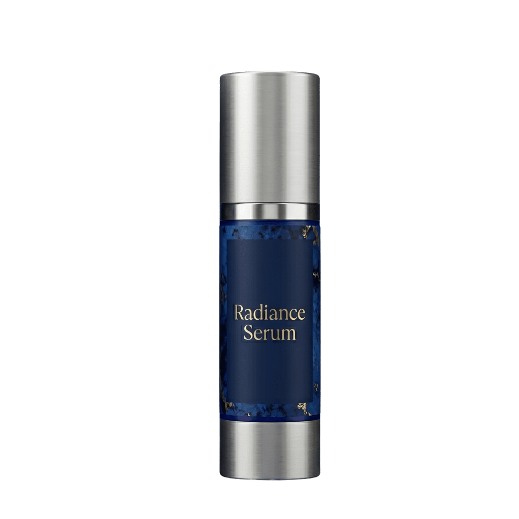 Radiance Serum in a sleek blue bottle designed for a glowing complexion and even skin tone.