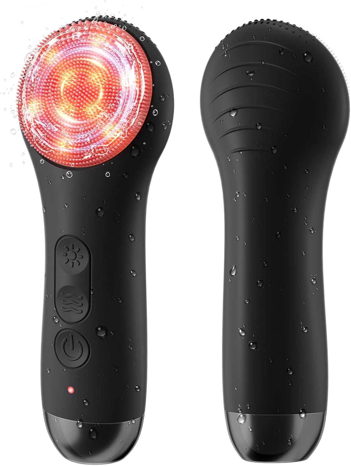 Rechargeable Facial Cleansing Brush shown from front and back with water droplets, highlighting its design and features.