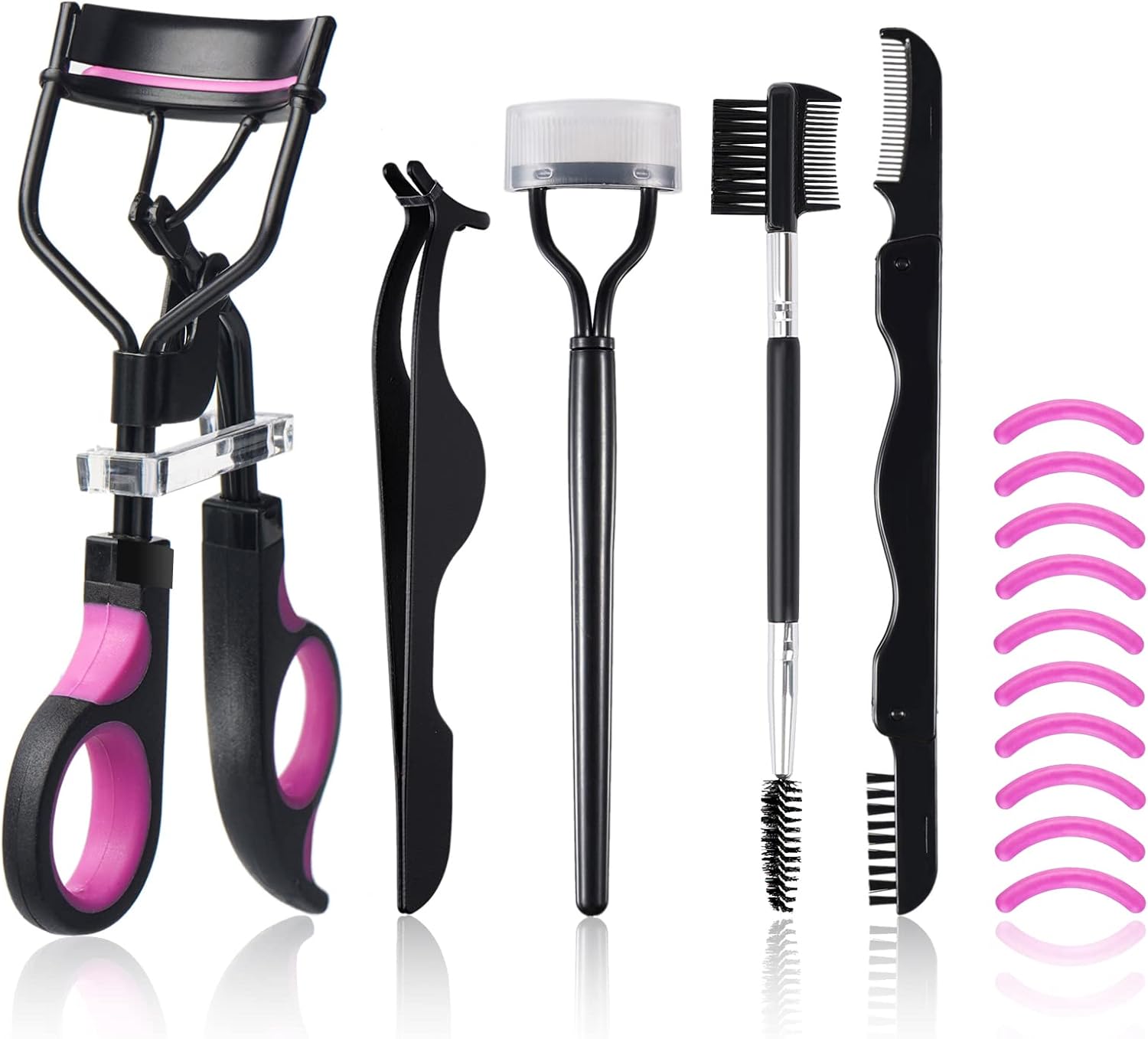 Eyelash Extension Separator Tool set including curler, tweezers, separator, and combs for defined lashes.