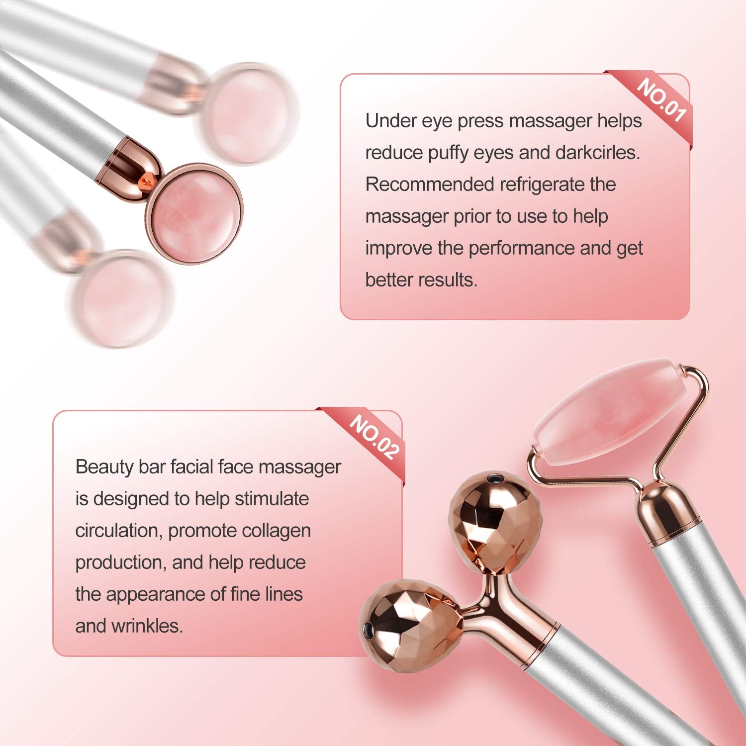 Vibrating Jade Face Massager displayed with information on benefits for dark circles and fine lines.