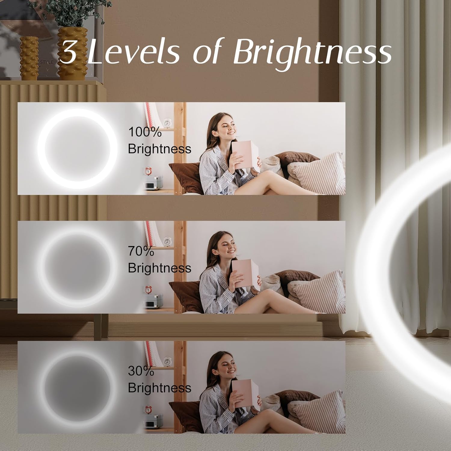 Compact Pocket Mirror showcasing 3 levels of brightness with a model using it for touch-ups.