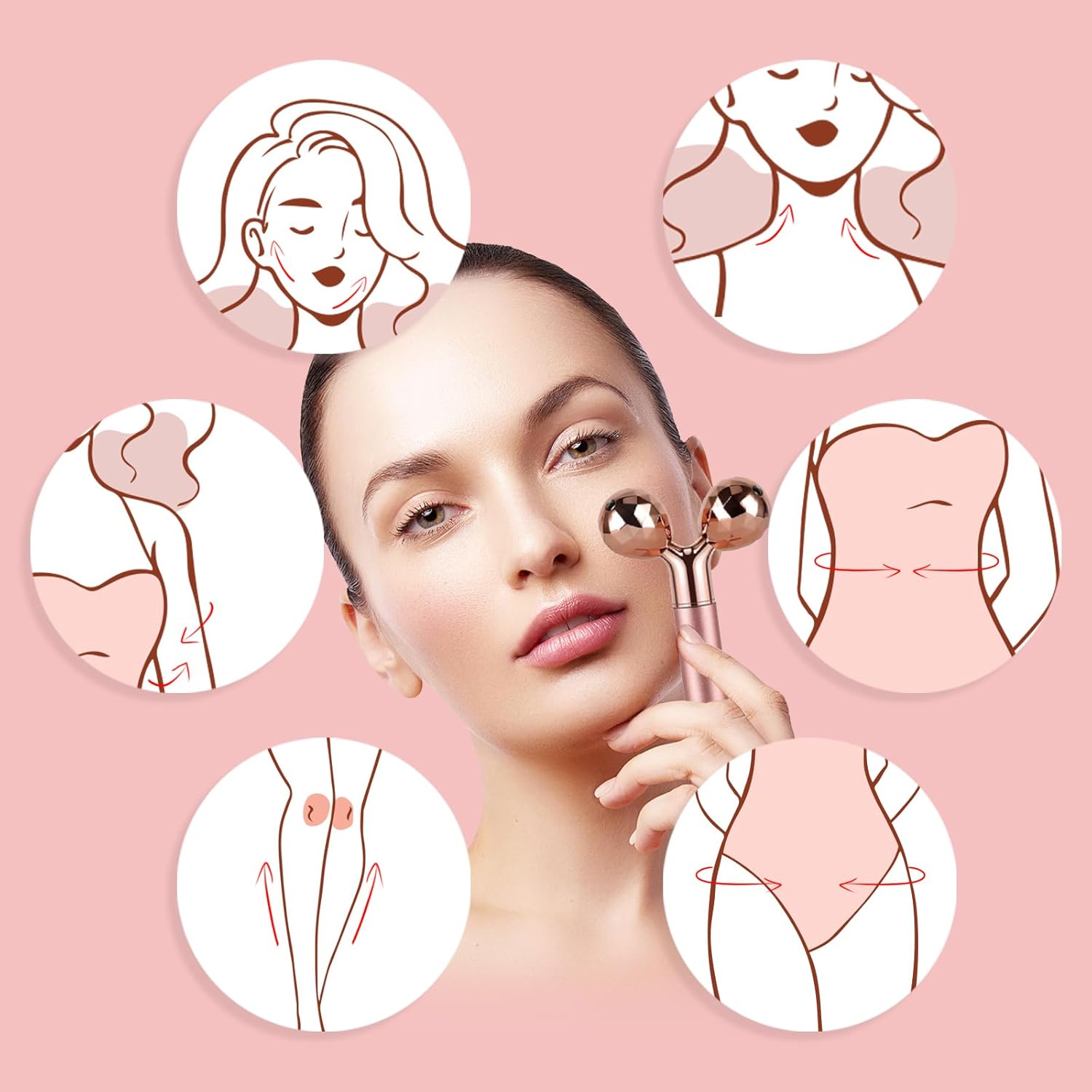 Natural Jade Face Roller displayed with illustrated skincare benefits and application techniques.