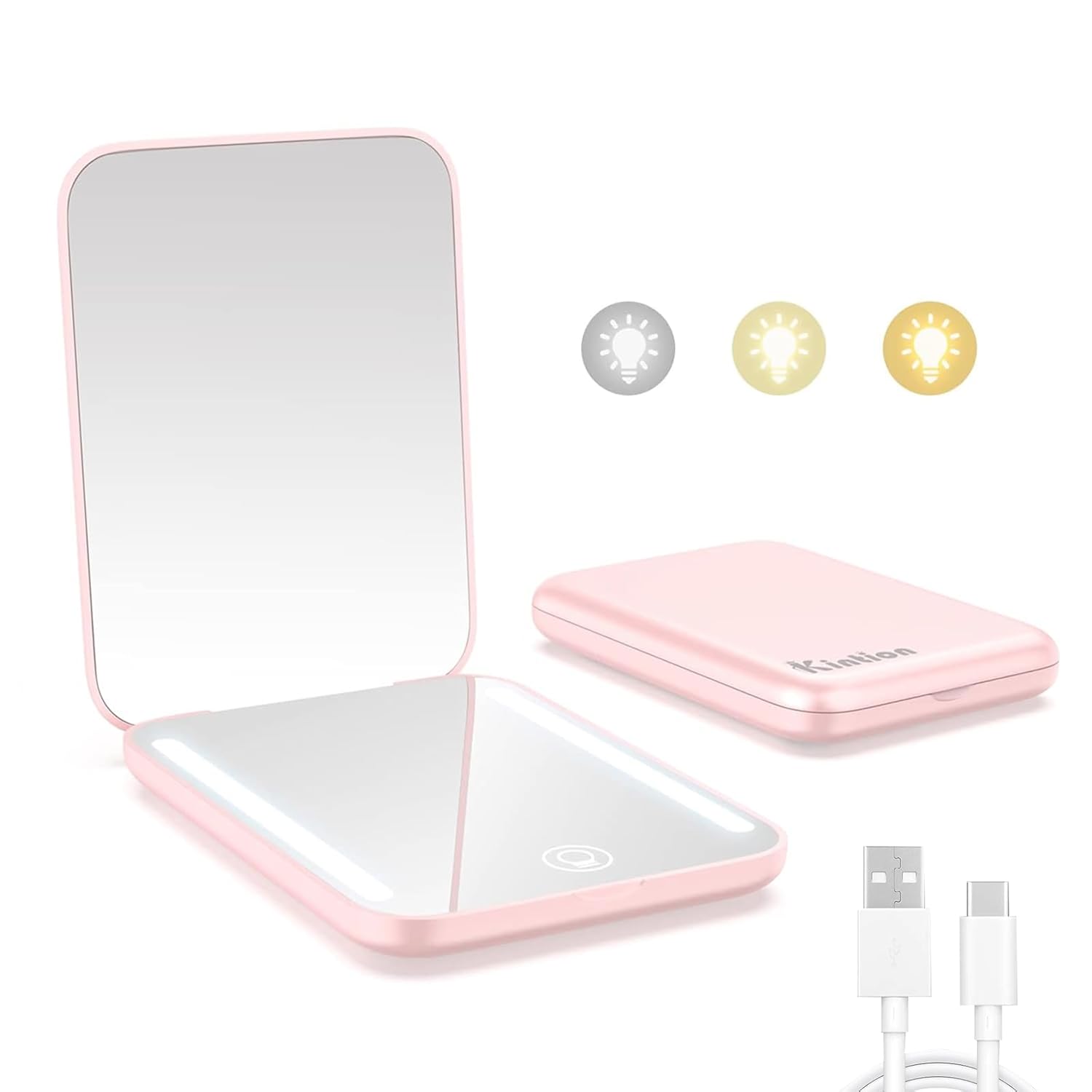Rechargeable LED Makeup Mirror with adjustable magnification and dimmable LED lighting in compact design.