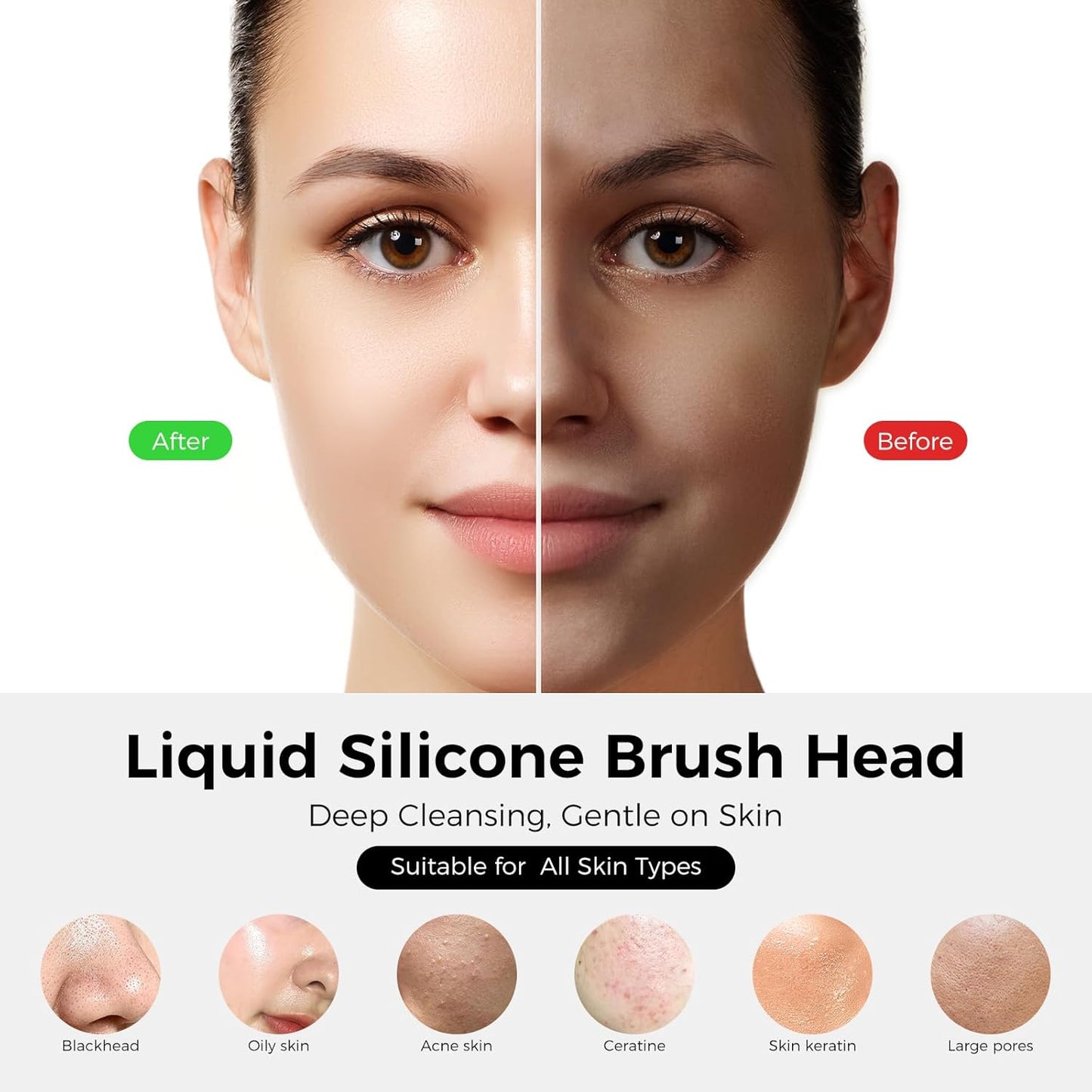 Before and after results using  Rechargeable Facial Cleansing Brush with liquid silicone brush head.