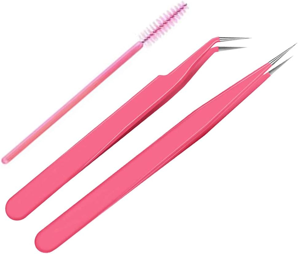 Precision Lash Tweezers in pink with a brow brush for detailed beauty applications and eyelash extensions.