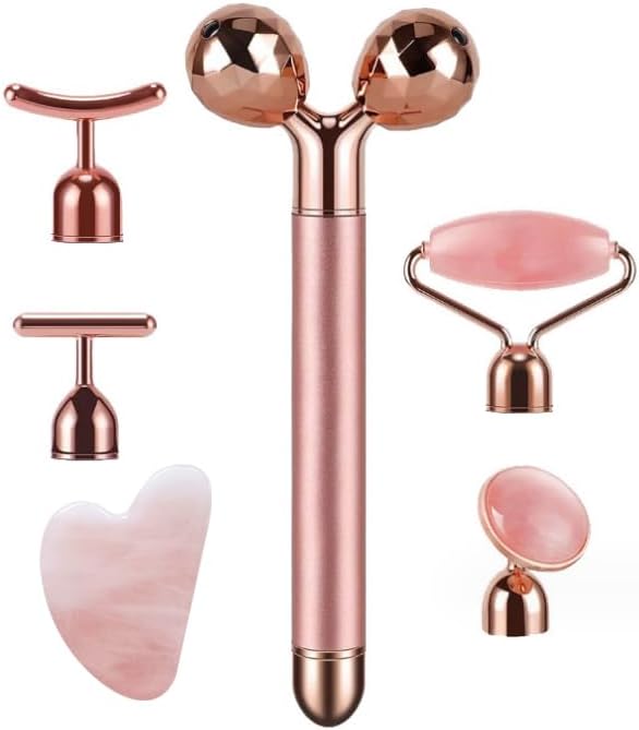 Natural Jade Face Roller set including various jade and rose quartz tools for facial rejuvenation.