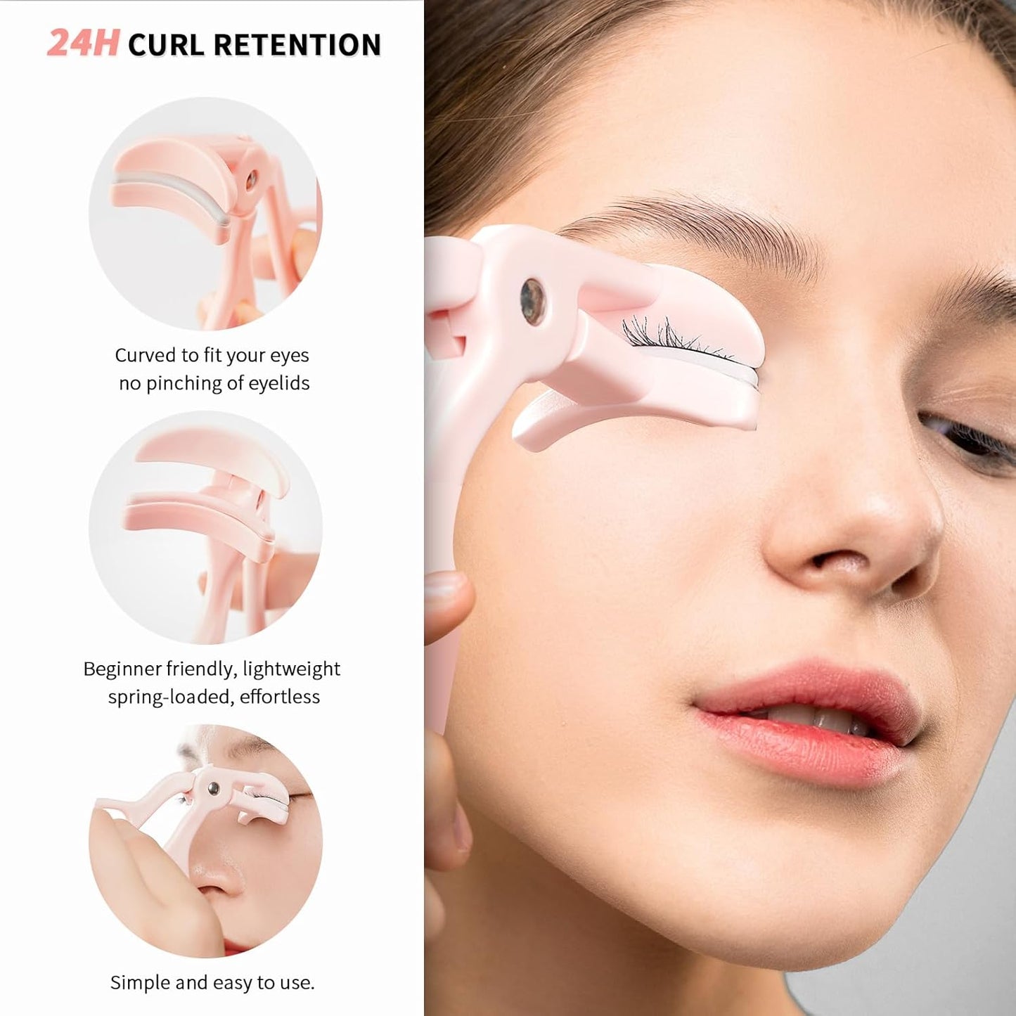 Classic Eyelash Curler with Silicone Pads in use, demonstrating curl retention and comfort features.
