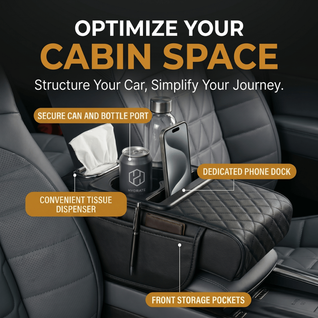 Multifunctional PU Leather Car Armrest Box Mat in a car interior with storage features.