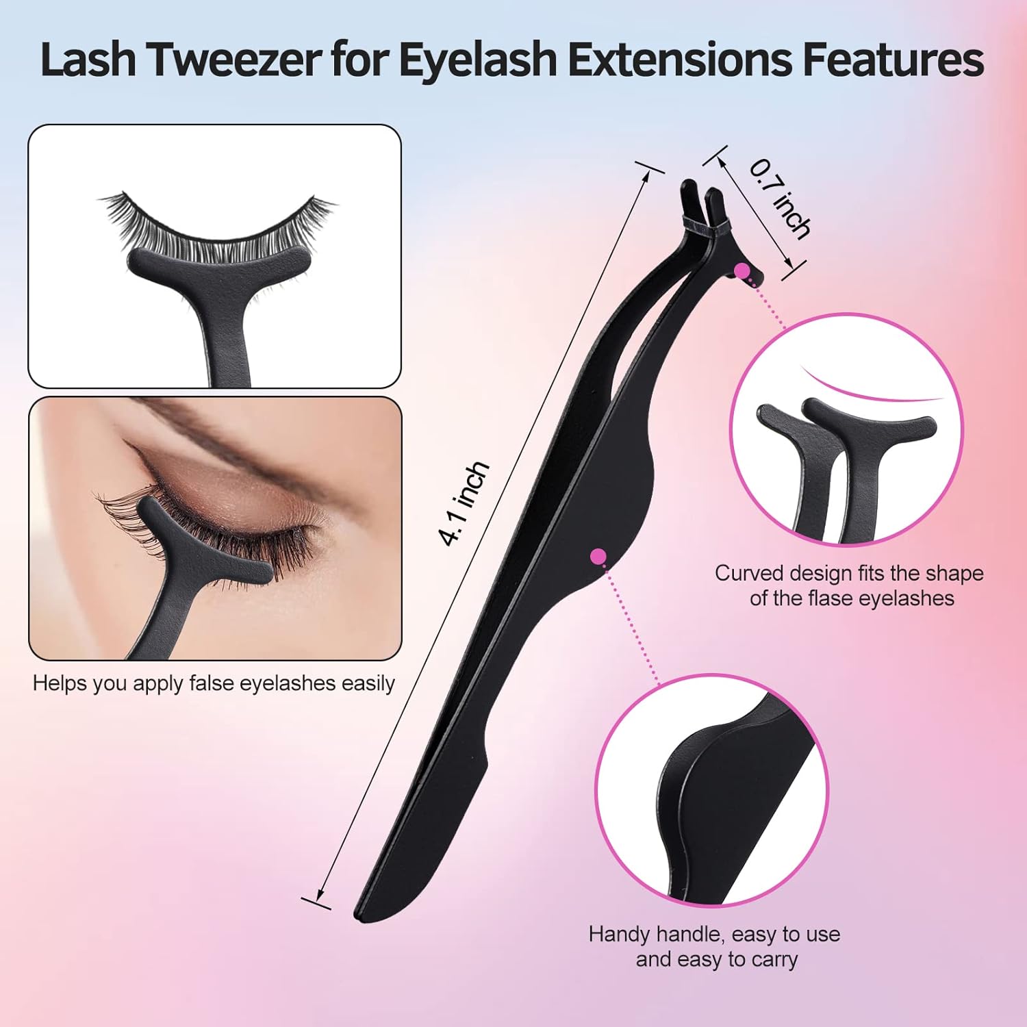 Eyelash Extension Separator Tool showcasing features for easy application and curved design for false eyelashes.