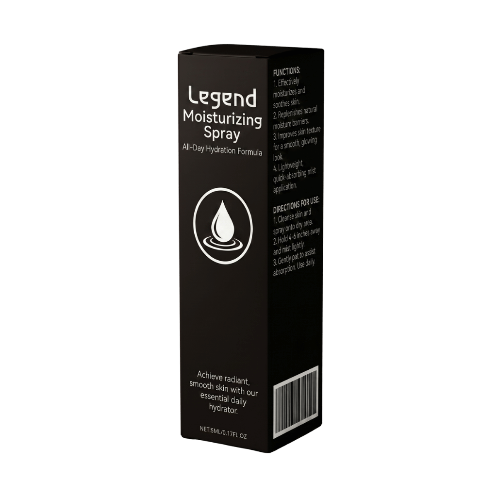 Legend Moisturizing Spray packaging showcasing all-day hydration formula for soft, radiant skin.