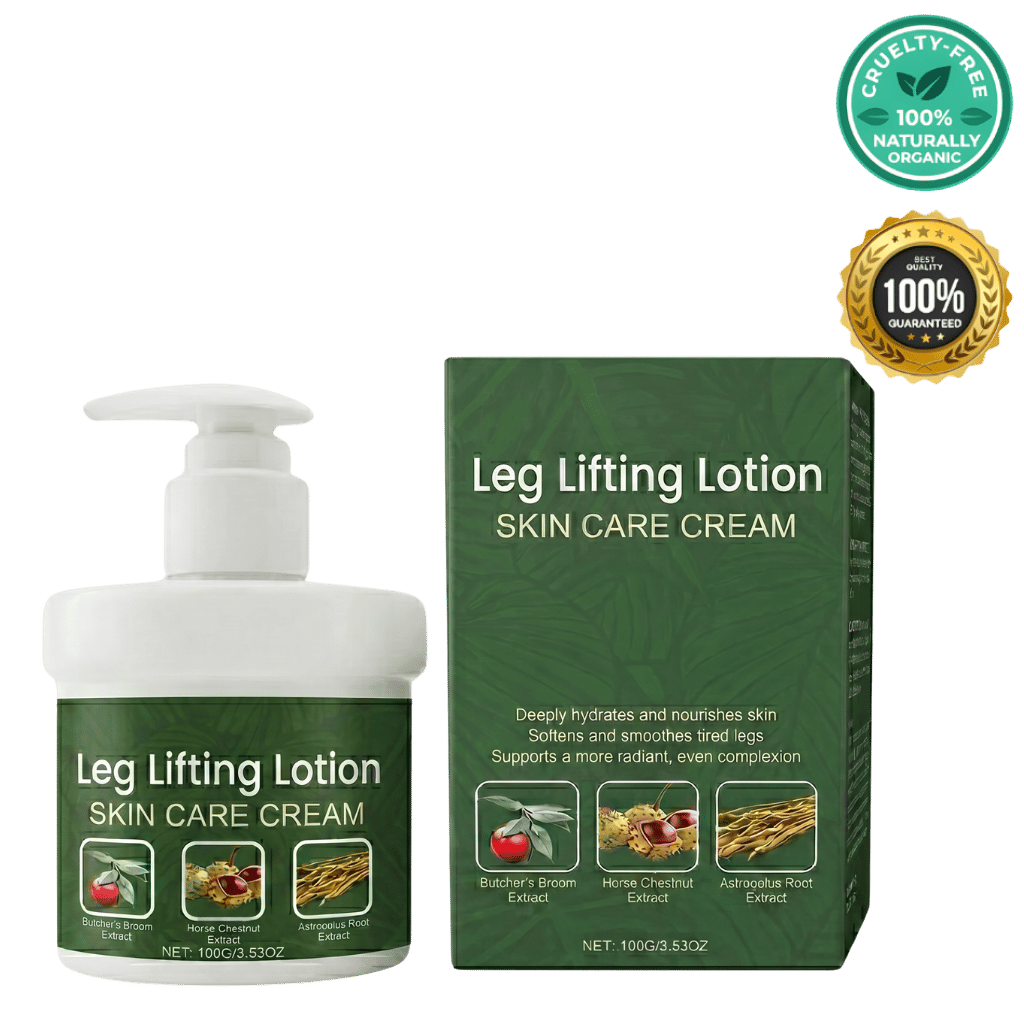 Leg Lifting Lotion bottle and box packaging showcasing skin care benefits for smoother, firmer, lifted legs.