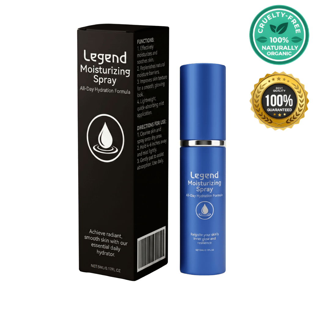 Legend Moisturizing Spray bottle and packaging, designed for all-day hydration and skincare support.