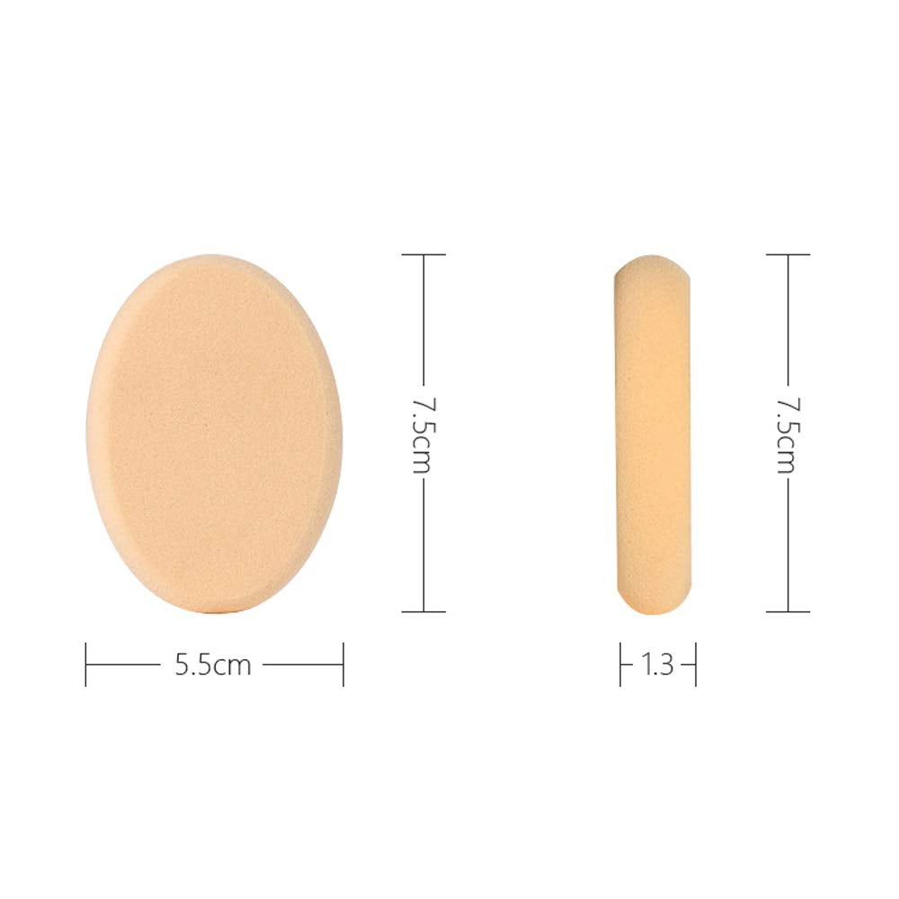 Cushion Foundation Puff dimensions showing oval and round shapes for even makeup application.