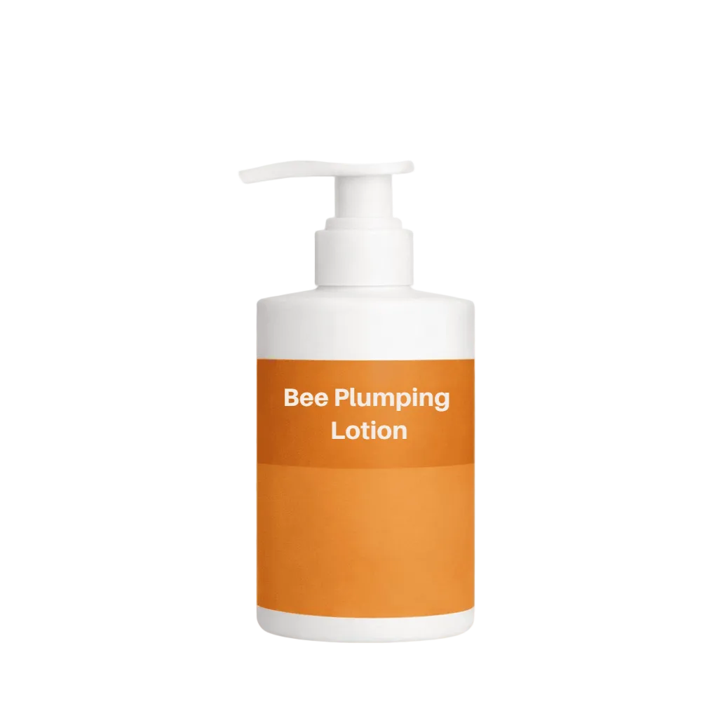 Bee Plumping Lotion in a white pump bottle with orange label for plumper-looking skin.