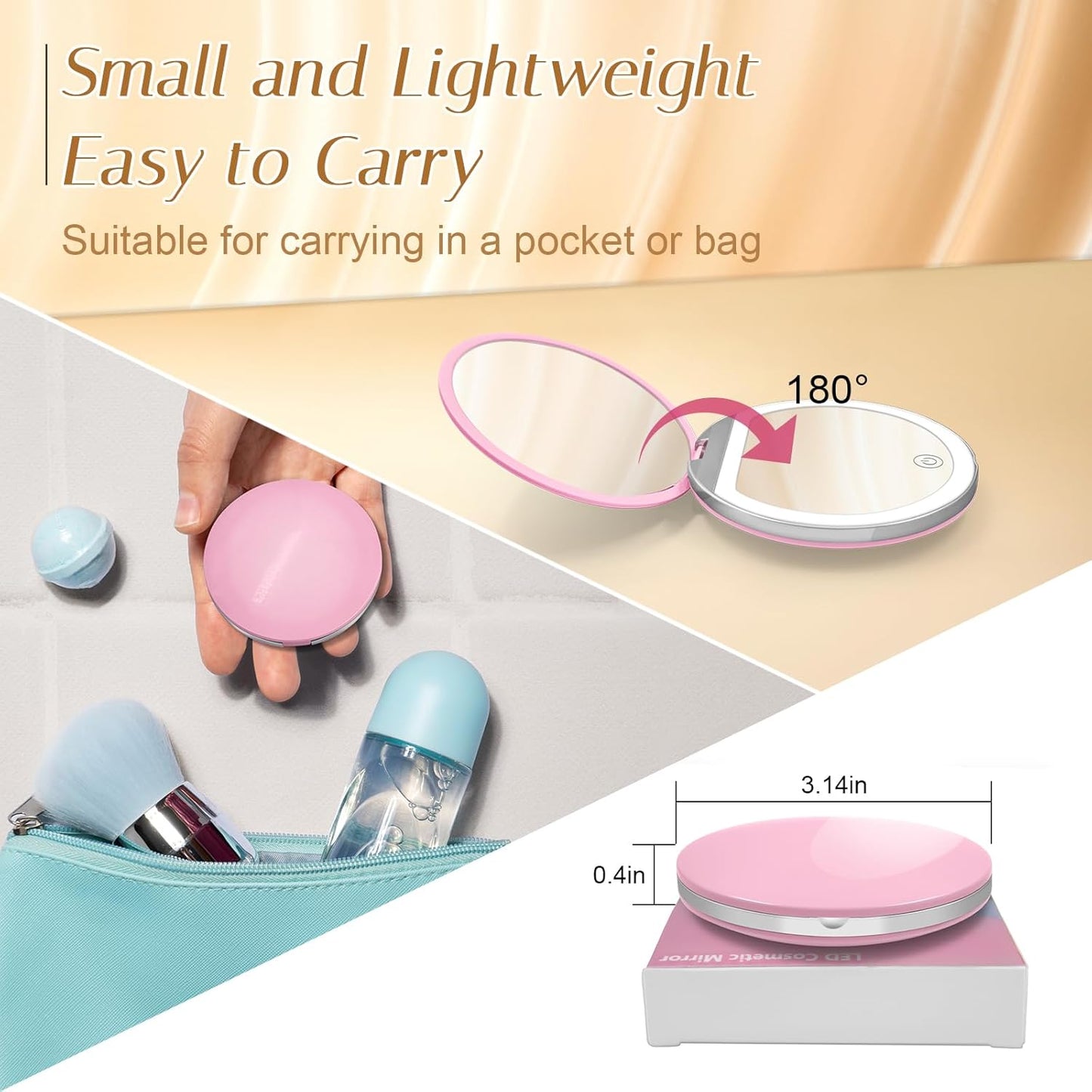 Compact Pocket Mirror in pink, showcasing portability and dual sides for easy touch-ups anywhere.
