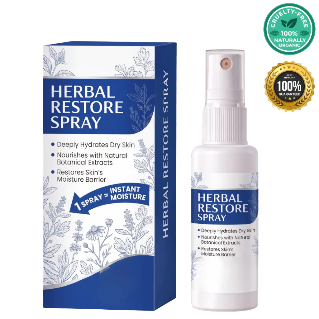 Herbal Restore Spray bottle and box packaging with organic certification, promoting hydration and skin nourishment.