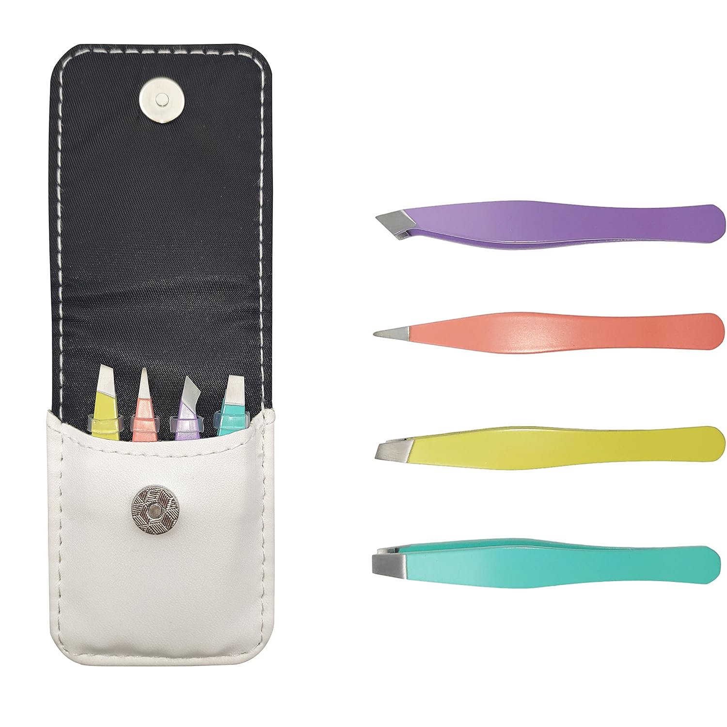 Mini Eyebrow Tweezer Set with four colorful tweezers and protective case for precise eyebrow shaping and grooming.