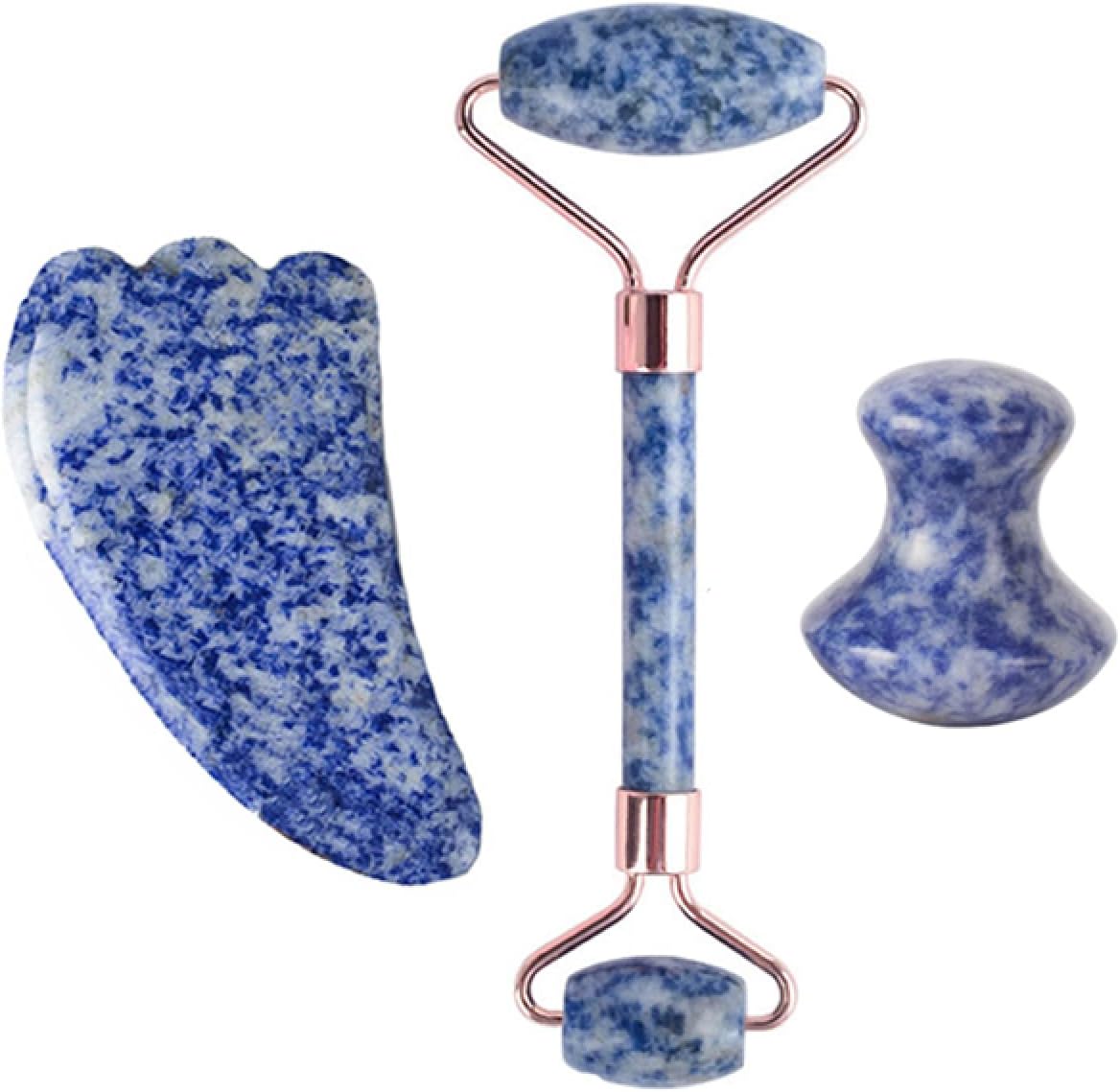 Luxevéria White Jade Roller & Gua Sha Set featuring blue roller and gua sha stone for facial massage and skincare.