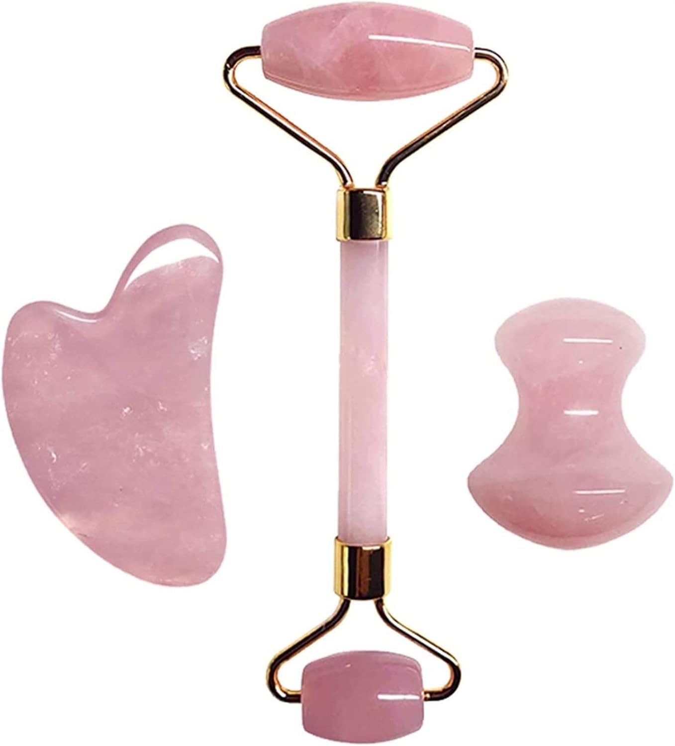 Crystal Glow Gua Sha Massager set featuring rose quartz roller and gua sha tools.