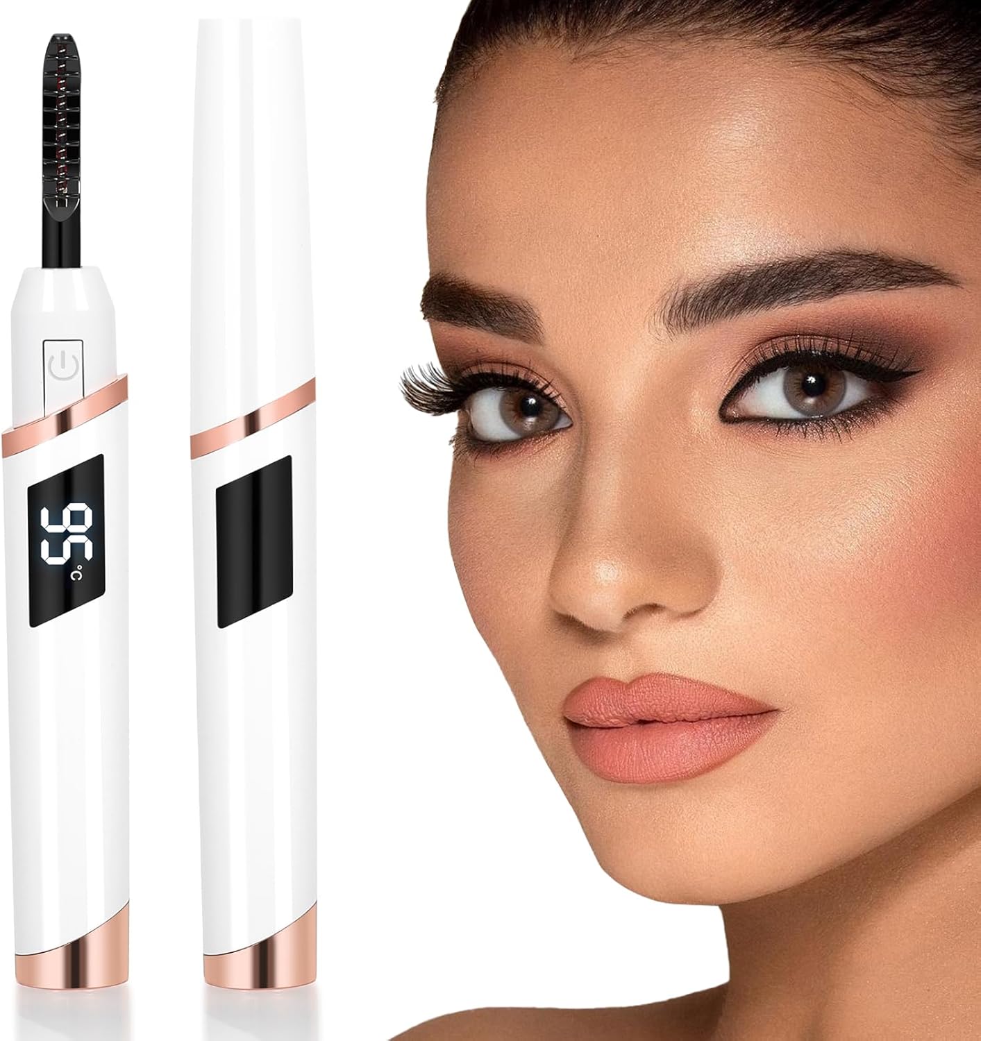 Heated Eyelash Curler showing a woman's beauty and perfectly curled lashes with a sleek design and digital temperature display.