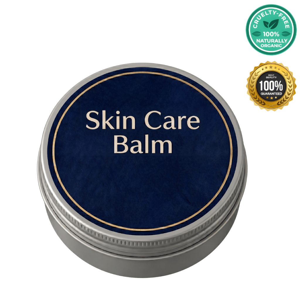 Skin Care Balm in a round tin with a navy blue label featuring key benefits for moisturized skin.