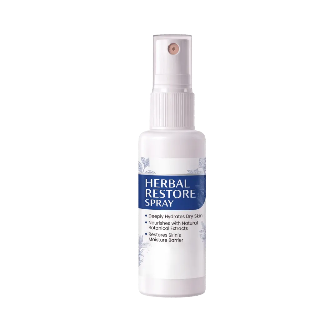 Herbal Restore Spray bottle designed to nourish and refresh skin, delivering hydration with a fine mist.
