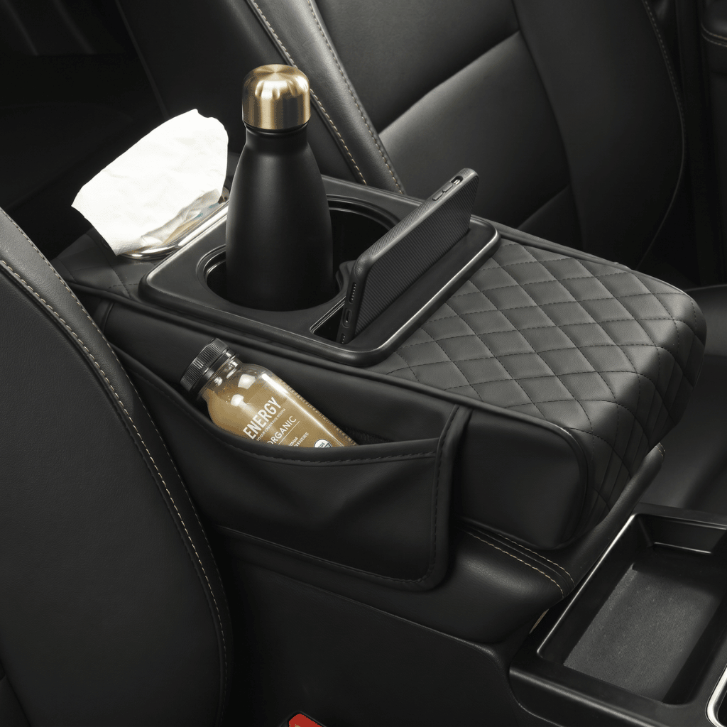 Multifunctional PU Leather Car Armrest Box Mat with seamless storage for drinks and essentials