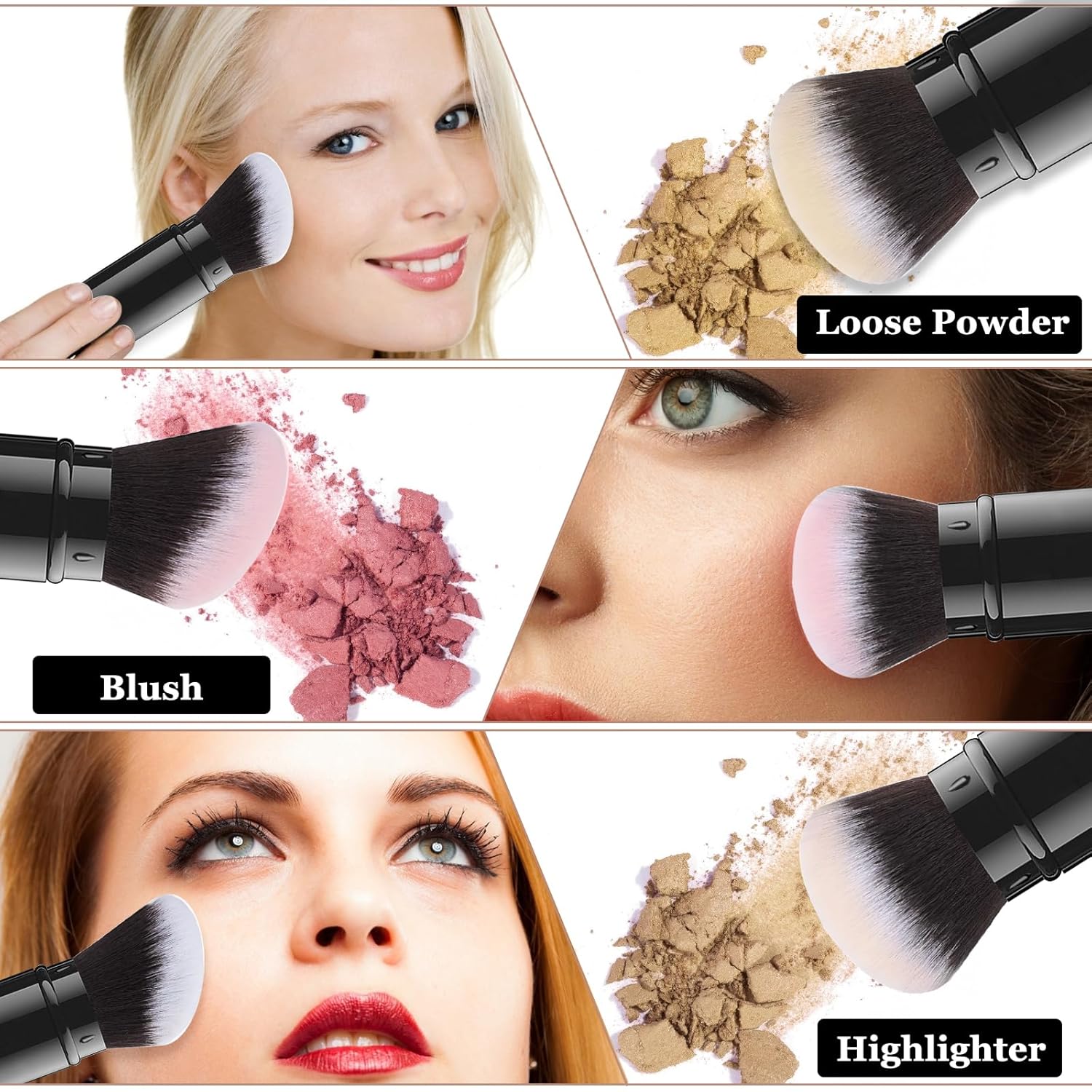 Retractable Kabuki Brush showcasing application of loose powder, blush, and highlighter on different skin tones.