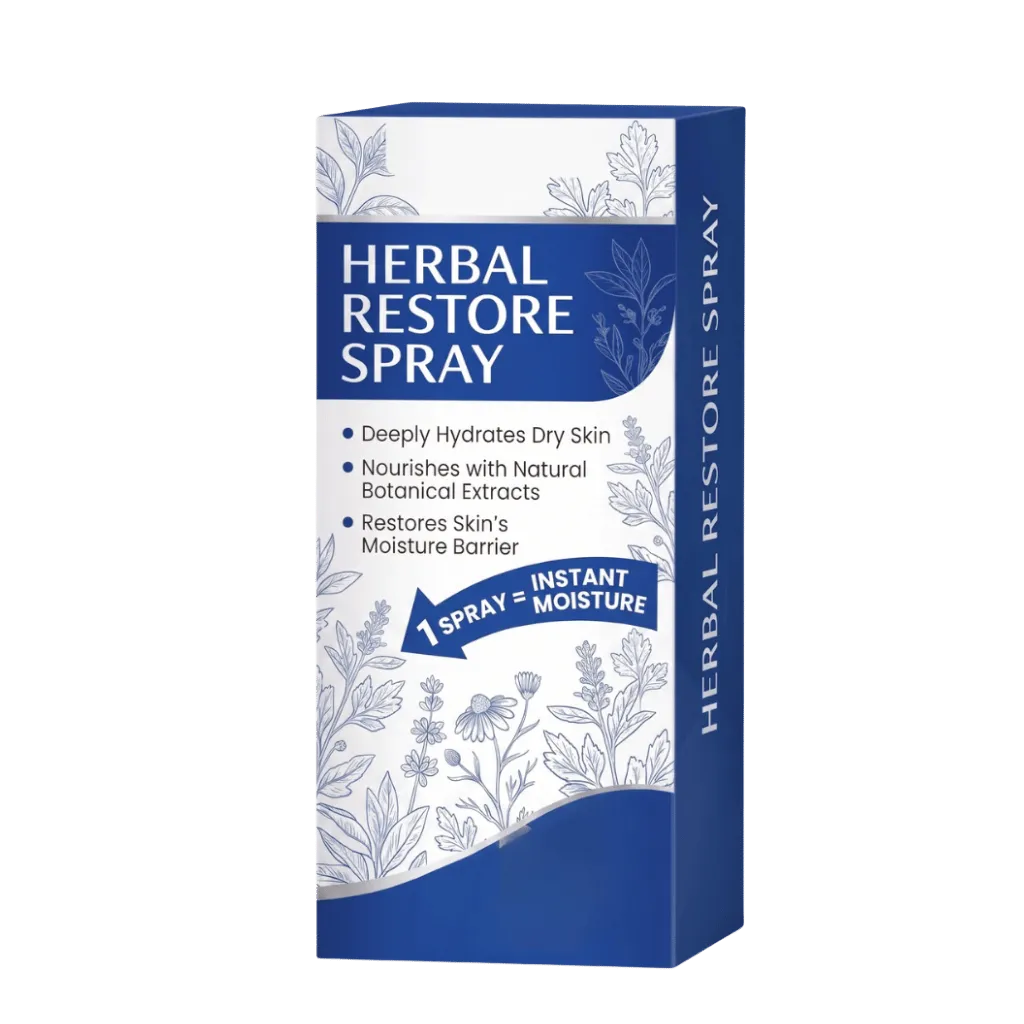 Herbal Restore Spray packaging, designed to nourish and hydrate dry skin with natural botanical extracts.