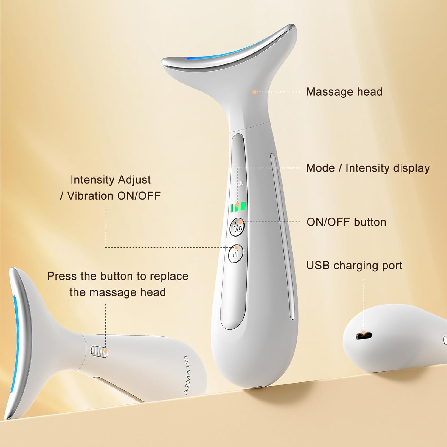 SculptLift Multi-Functional Beauty Device controls and features, showcasing massage head, intensity adjust, and USB charging.