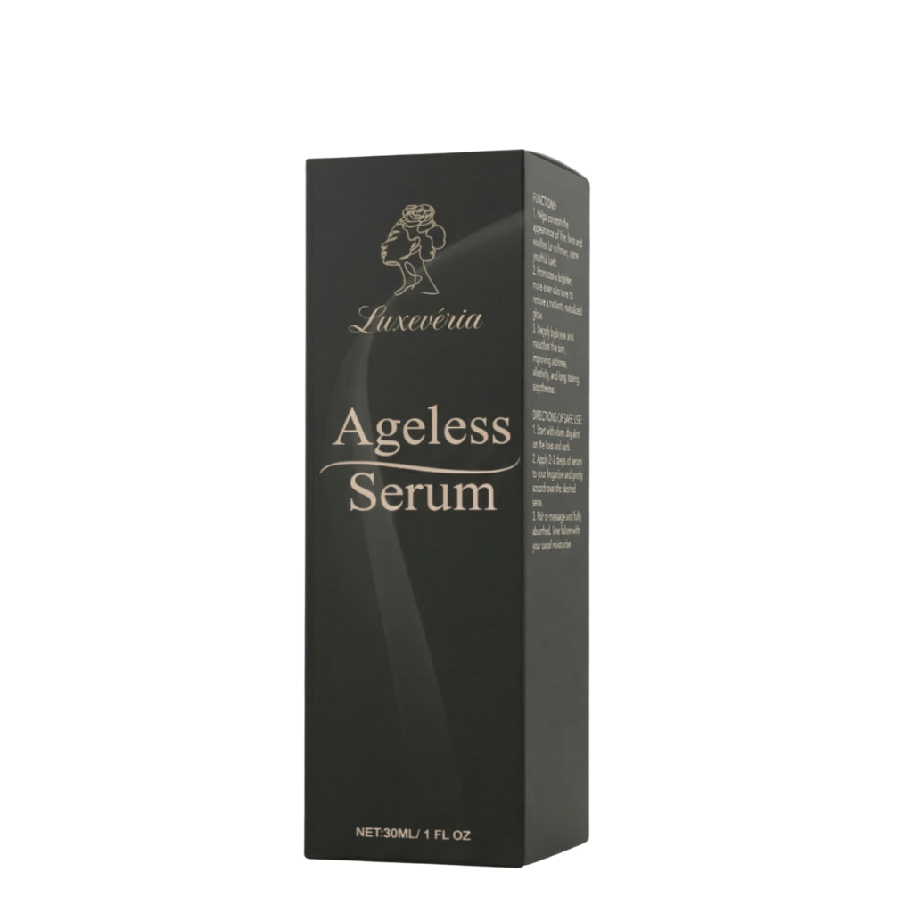 Luxevéria Ageless Serum bottle packaging for skincare, promoting youthful appearance and hydration.