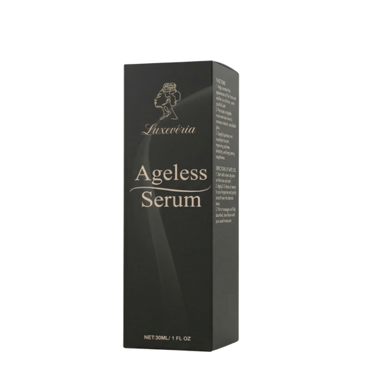 Luxevéria Ageless Serum bottle packaging for skincare, promoting youthful appearance and hydration.