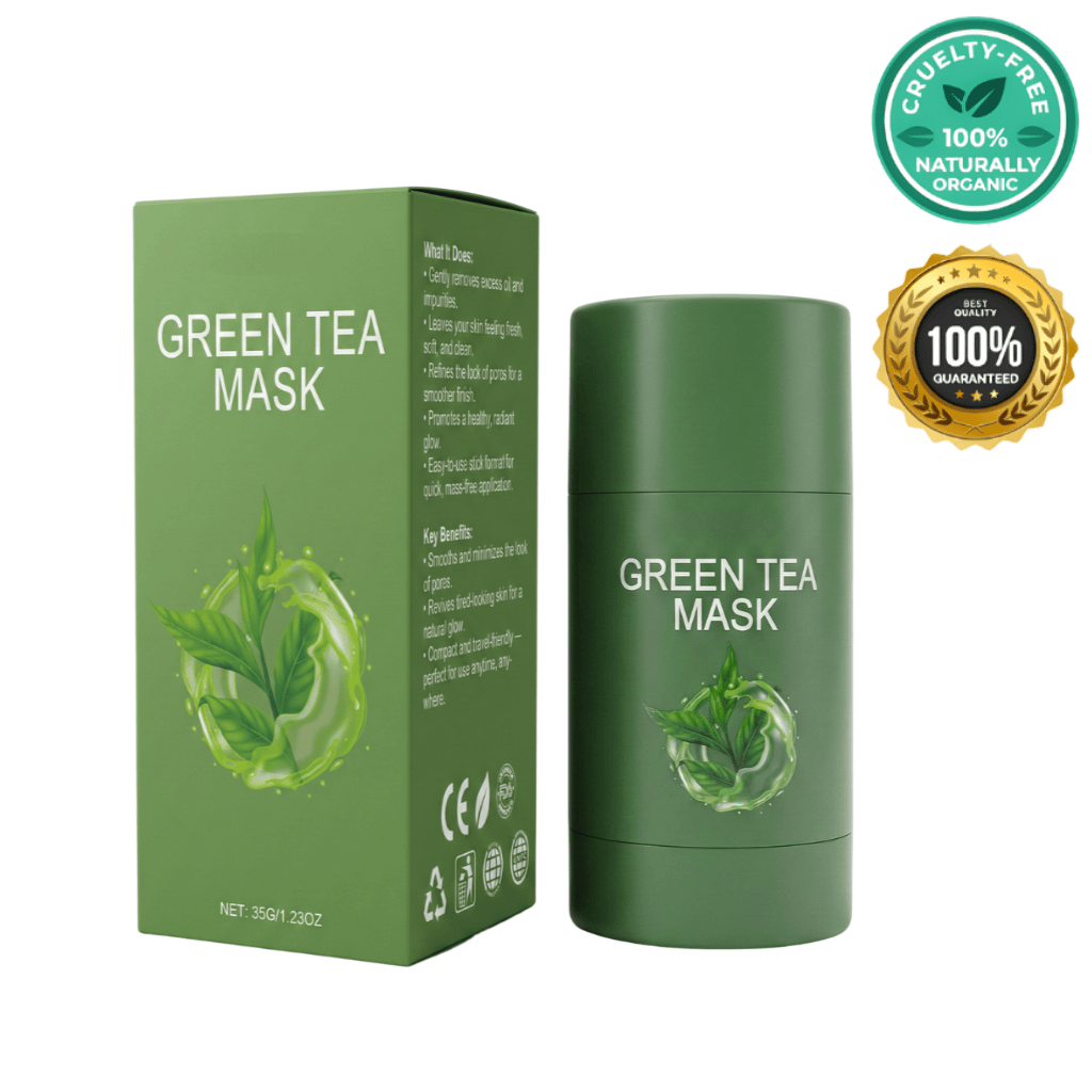 Green Tea Silk Mask Stick packaging and product showing cruelty-free and organic certification.