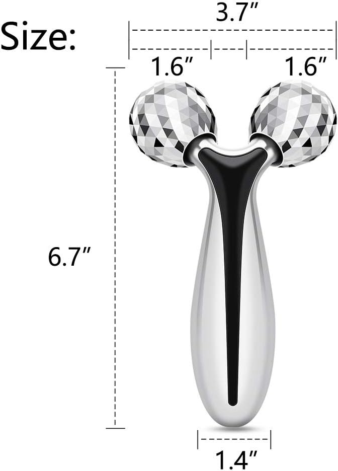 3D Facial Roller dimensions showing size and design of the sleek dual-ball facial roller for skincare.