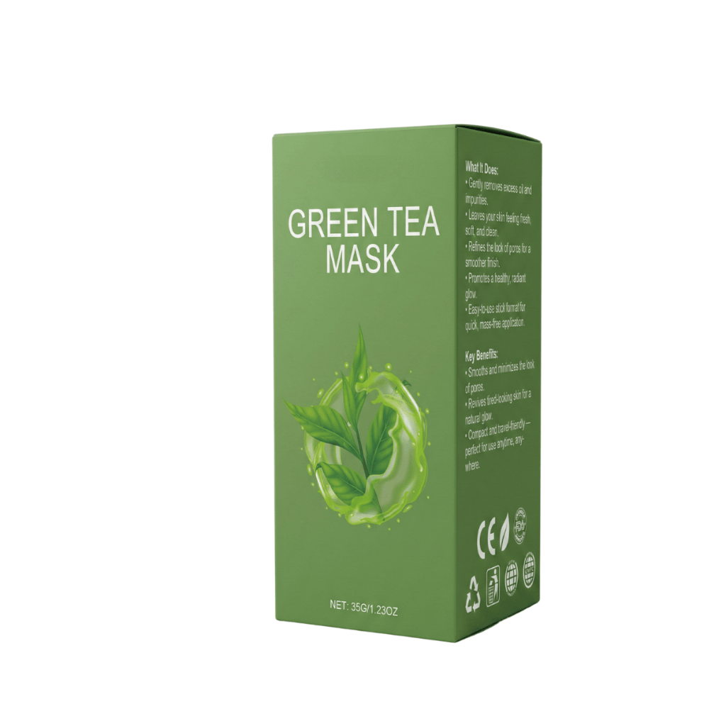 Green Tea Silk Mask Stick packaging with green tea leaves, showcasing the skincare product benefits and ingredients.