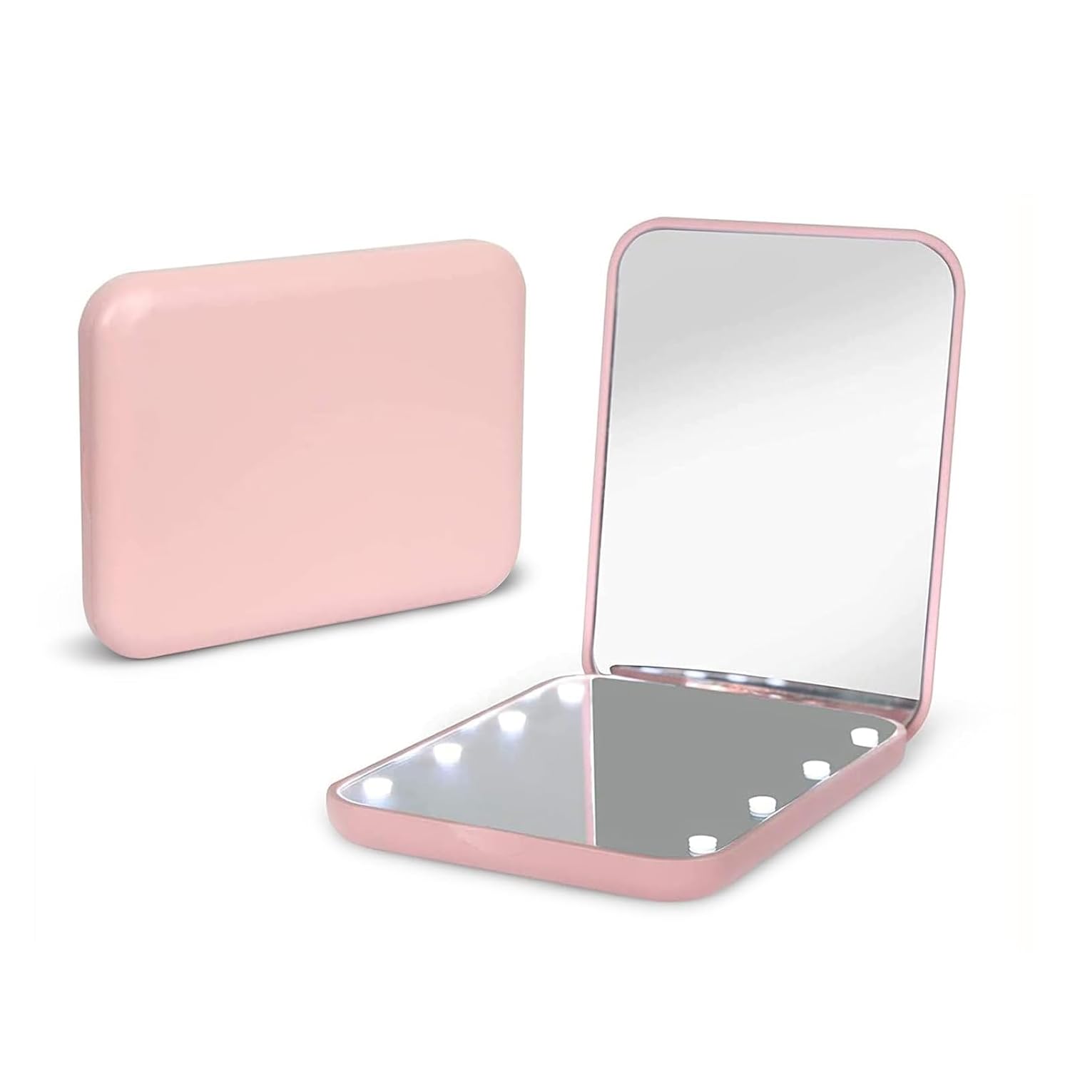 Portable Handheld Makeup Mirror in pink with LED lights, perfect for beauty routines and travel.