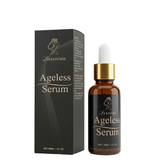 Luxevéria Ageless Serum in brown glass bottle with dropper and elegant packaging.