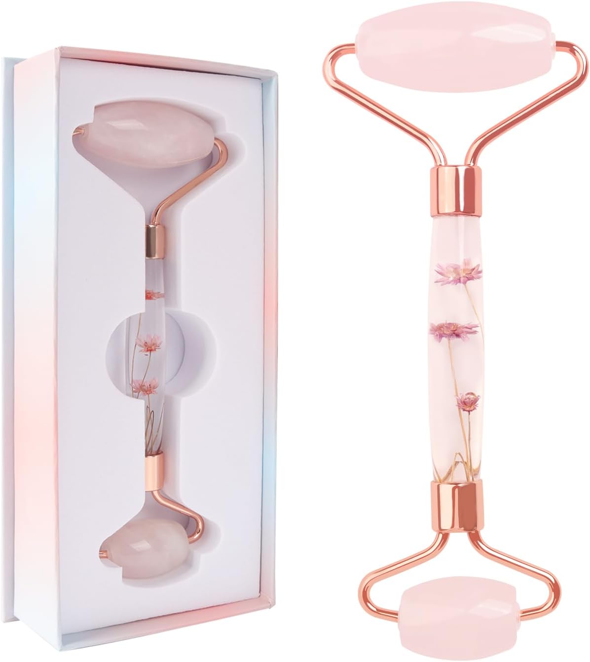 Deluxe Rose Quartz Facial Roller in elegant packaging, featuring natural stone and metal alloy handle for skincare benefits.
