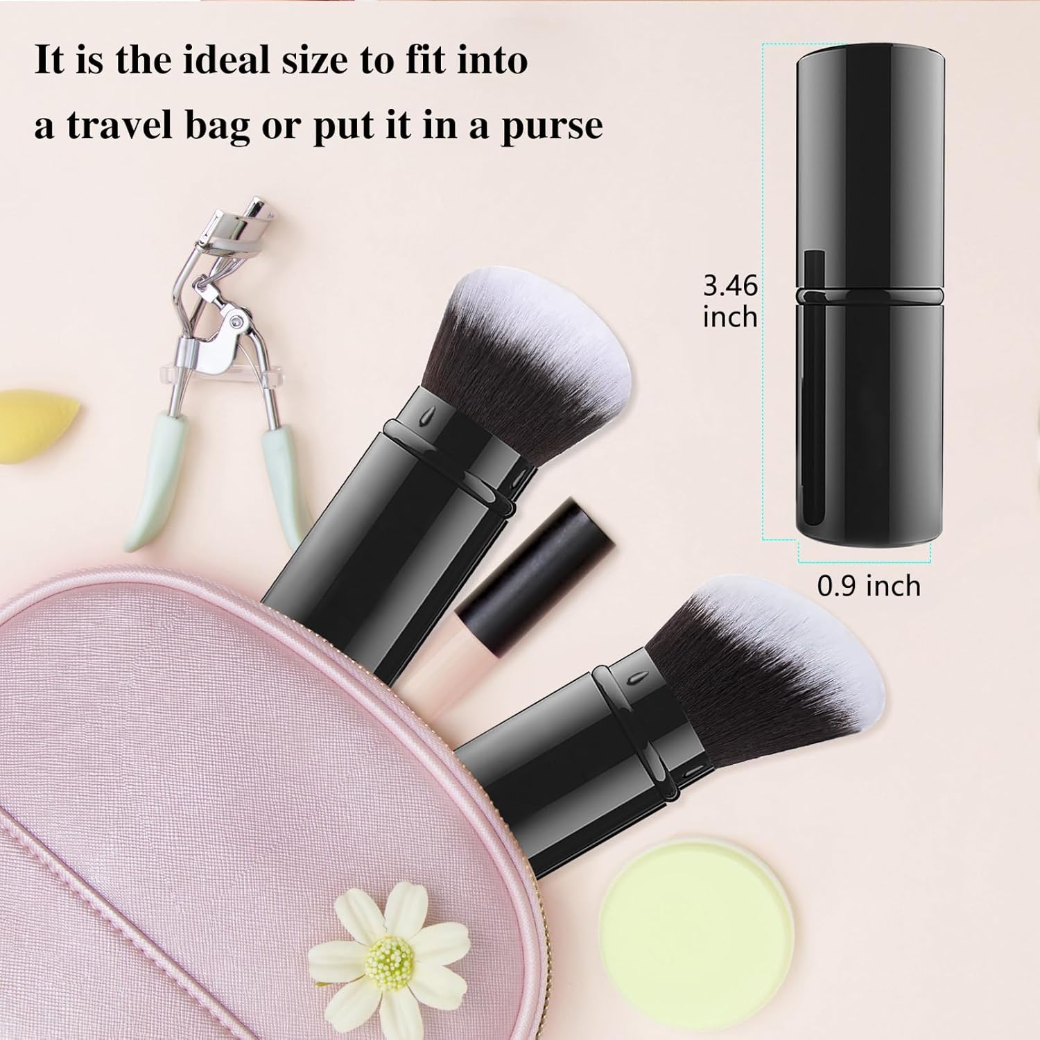 Retractable Kabuki Brush shown in a travel bag, ideal for on-the-go makeup application.