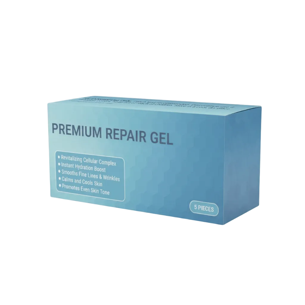 Premium Repair Gel packaging showcasing revitalizing benefits and smooth application for daily skincare.