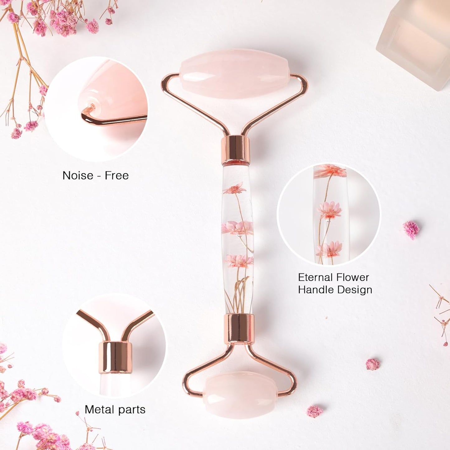 Deluxe Rose Quartz Facial Roller featuring noise-free design and eternal flower handle, ideal for soothing skincare routines.