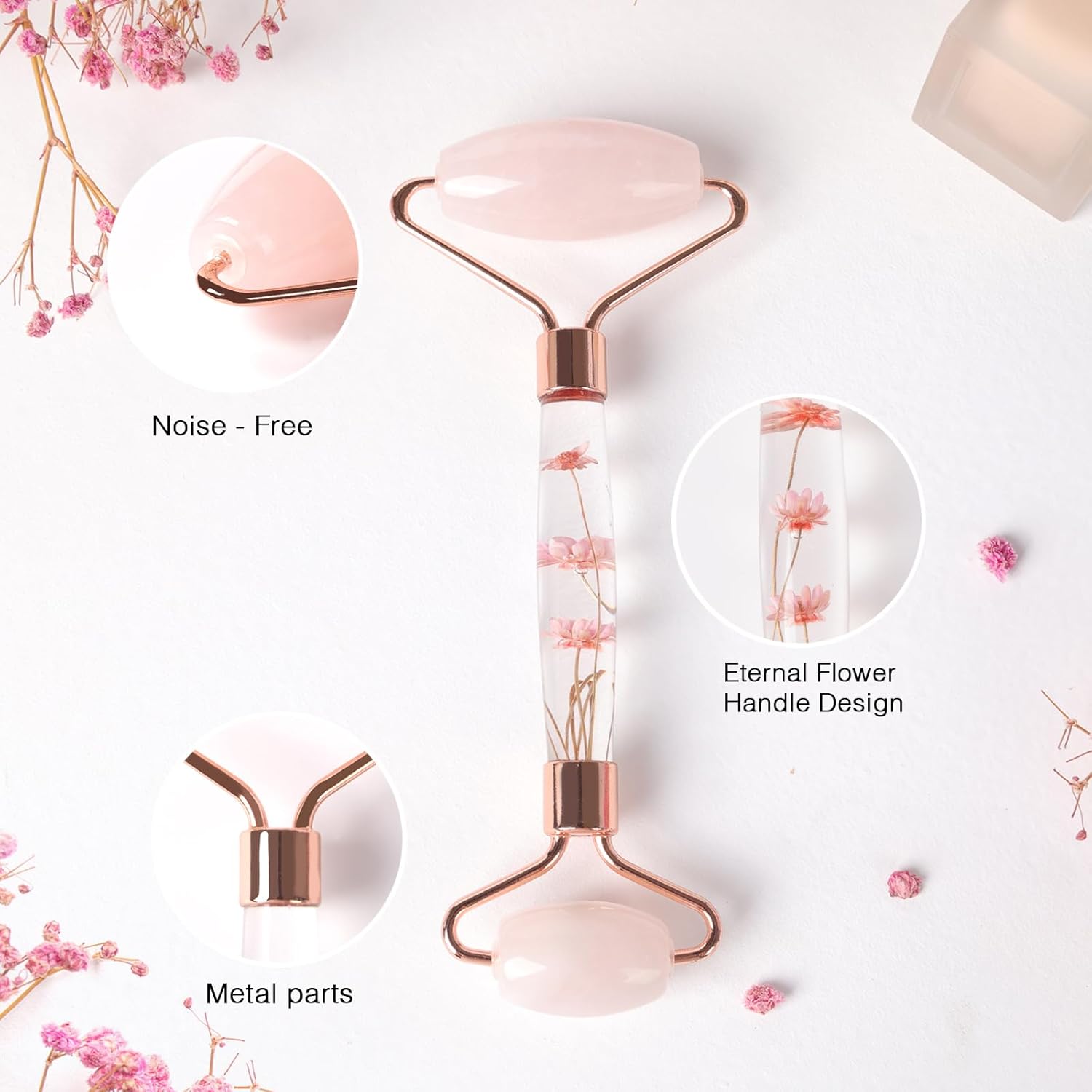 Deluxe Rose Quartz Facial Roller featuring noise-free design and eternal flower handle, ideal for soothing skincare routines.