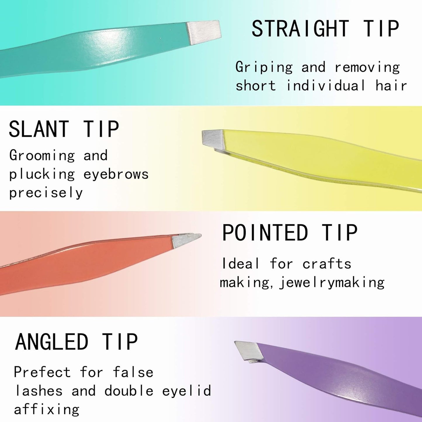 Mini Eyebrow Tweezer Set showcasing straight, slant, pointed, and angled tips for versatile grooming.