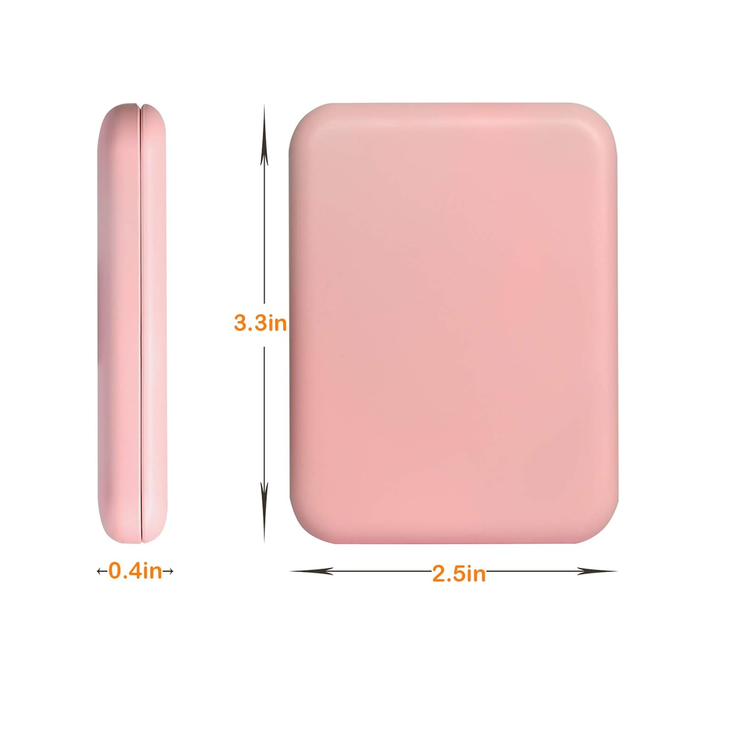 Portable Handheld Makeup Mirror in pink, compact dimensions of 2.5 inches by 3.3 inches, slim design for beauty routines.